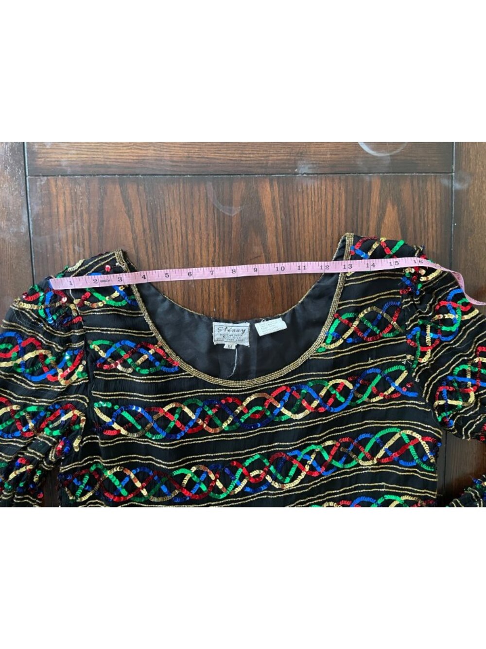 Vintage Stenay Silk Rainbow Sequin Shirt Scoop Neck Blouse Top Showgirl Sparkle - Picture 5 of 14